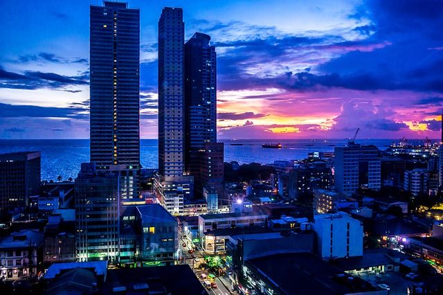 Manila Bay, Philippines, with buildings and horizon